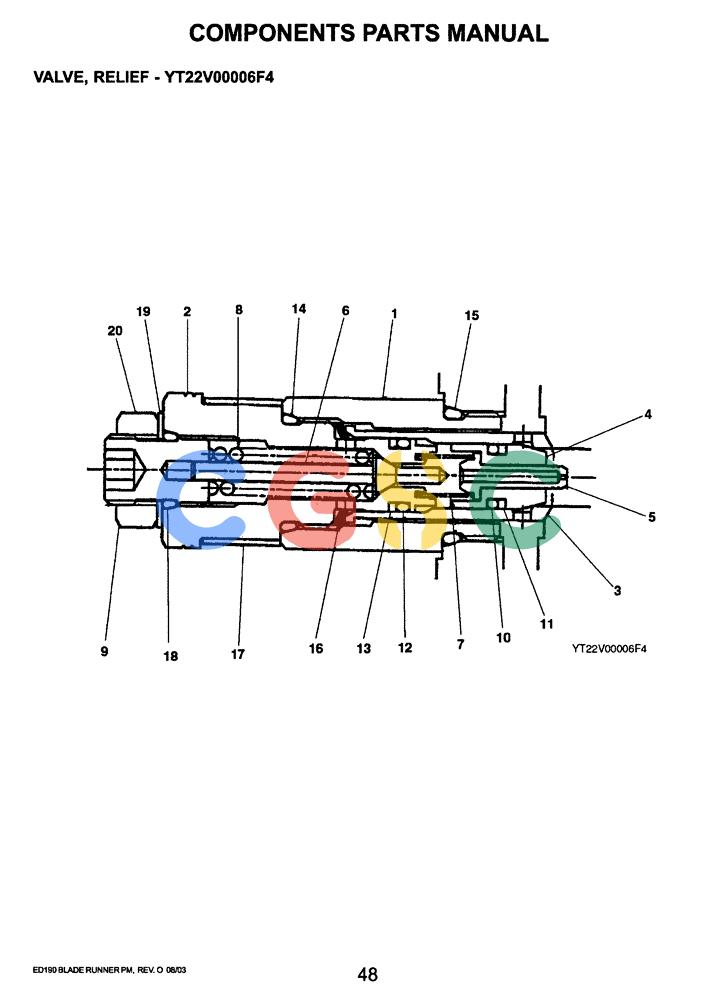 神钢零件查询(ED190LC-6E) - BLADE RUNNER EXCAVATOR/DOZER BTW YL03U0136 - YL03U0292 (1/05-12/06) (07-032) - VALVE, RELIEF (YT22V00006F4) Kobelco