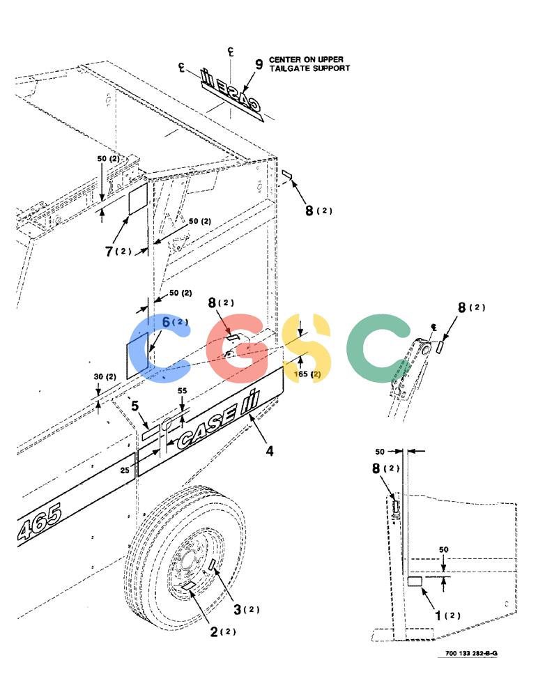 凯斯零件查询(8465T) - CASE IH ROUND BALER W/TRACTOR HYDRAULICS (1/91-12/97) (9-08) - DECALS AND LOCATION DIAGRAM, REAR, SERIAL NUMBER CFH0074876 AND LATER Case Agriculture