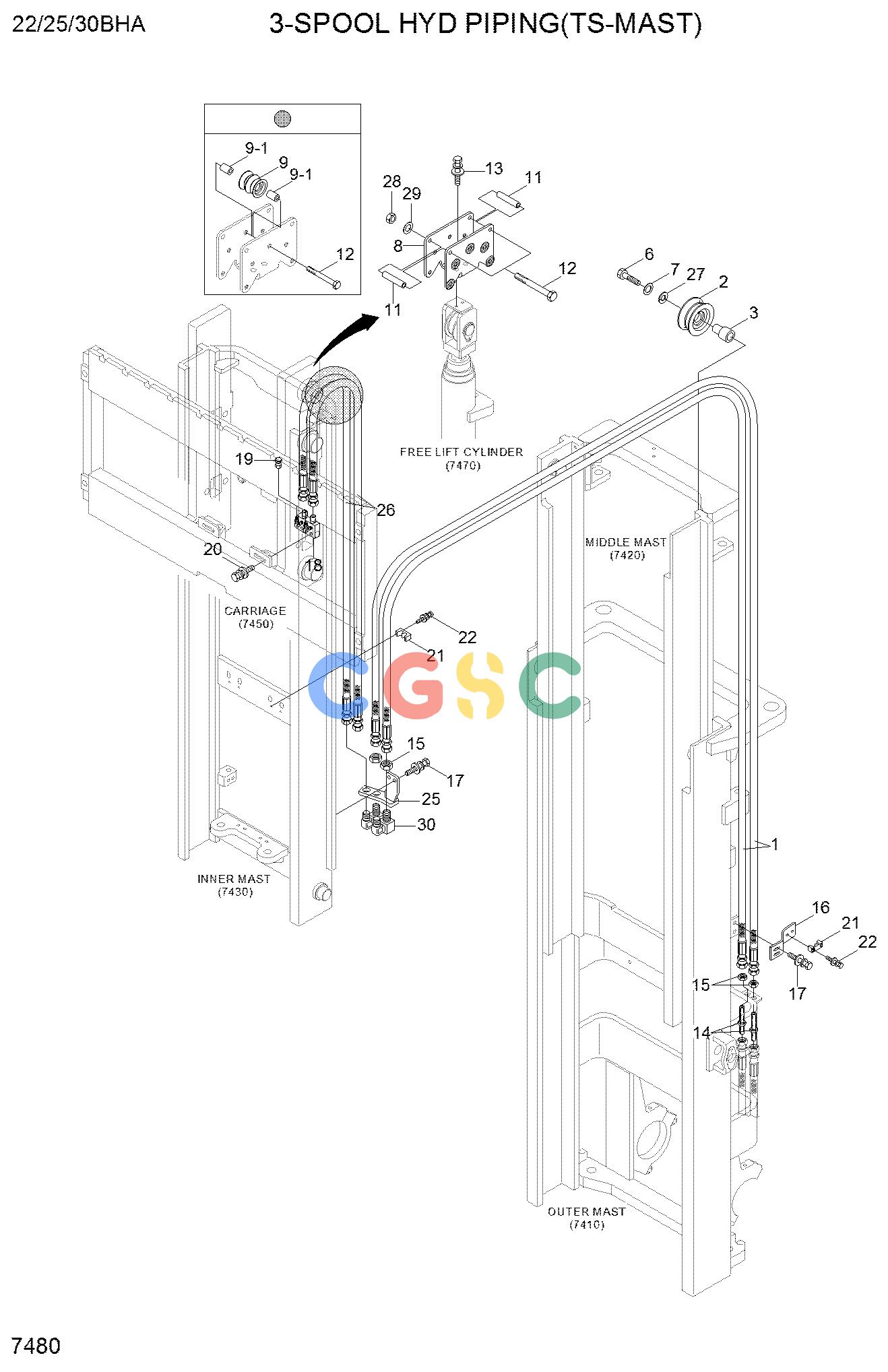 现代零件查询25/30/33L-7M 3-SPOOL HYD PIPING (TS-MAST)EPC Hyundai 
