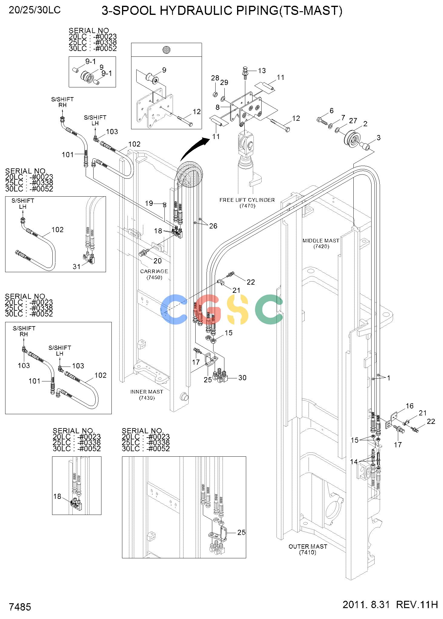 现代零件查询35/40/45DS/50DA-7E 3-SPOOL PIPING (TS-MAST,50DA-7E)EPC Hyundai 