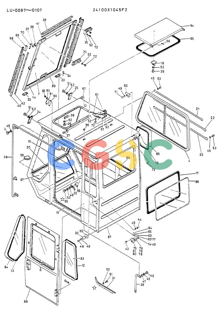 神钢零件查询(K935) - EXCAVATOR SUPPLEMENT ASN LU00154 (1/76-12/03) (02-011) - CAB ASSY (FOR NORTH AMERICA) P/N 24100X1045F2 Kobelco