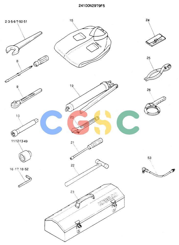 神钢零件查询(K904EL) - EXCAVATOR ASN LX1401 (1/86-12/03) (10-004) - TOOL ASSY, P/N 24100N2979F5 Kobelco