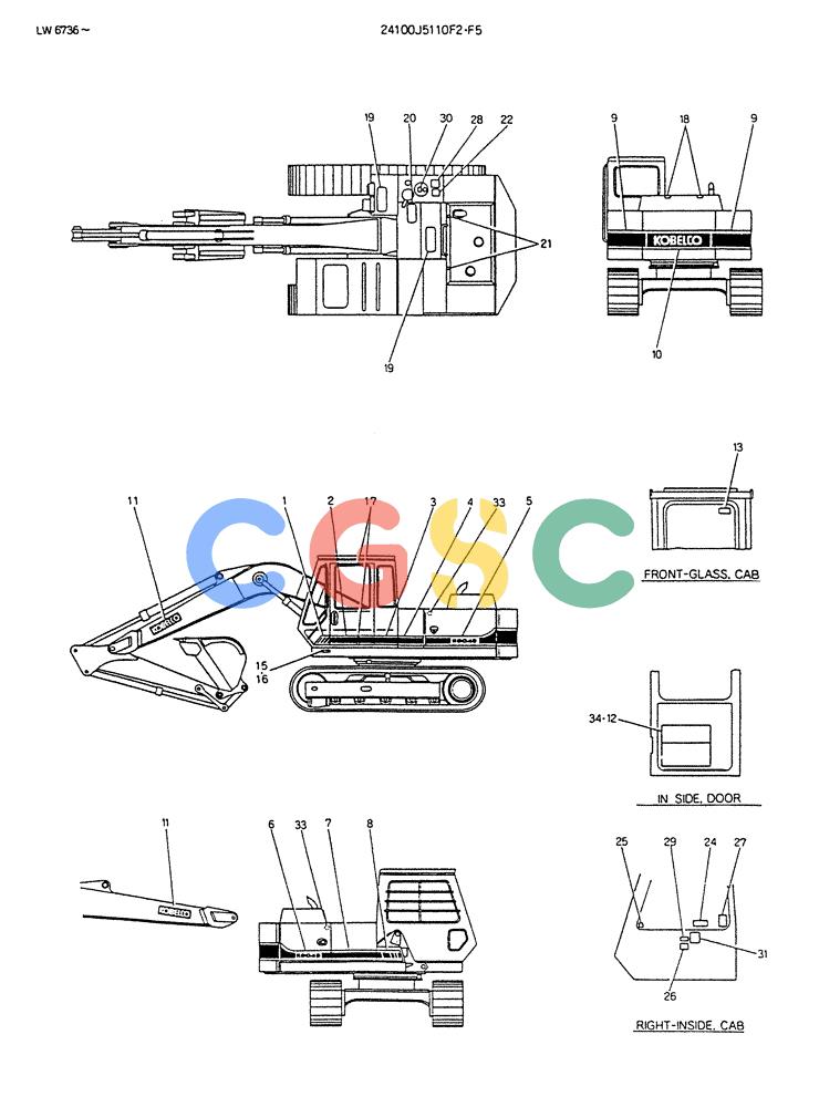 神钢零件查询(K904DL) - EXCAVATOR ASN LX1201 (1/84-12/03) (17-006) - LABEL, NAME PLATE P/N 24100J5110F2,F5 Kobelco