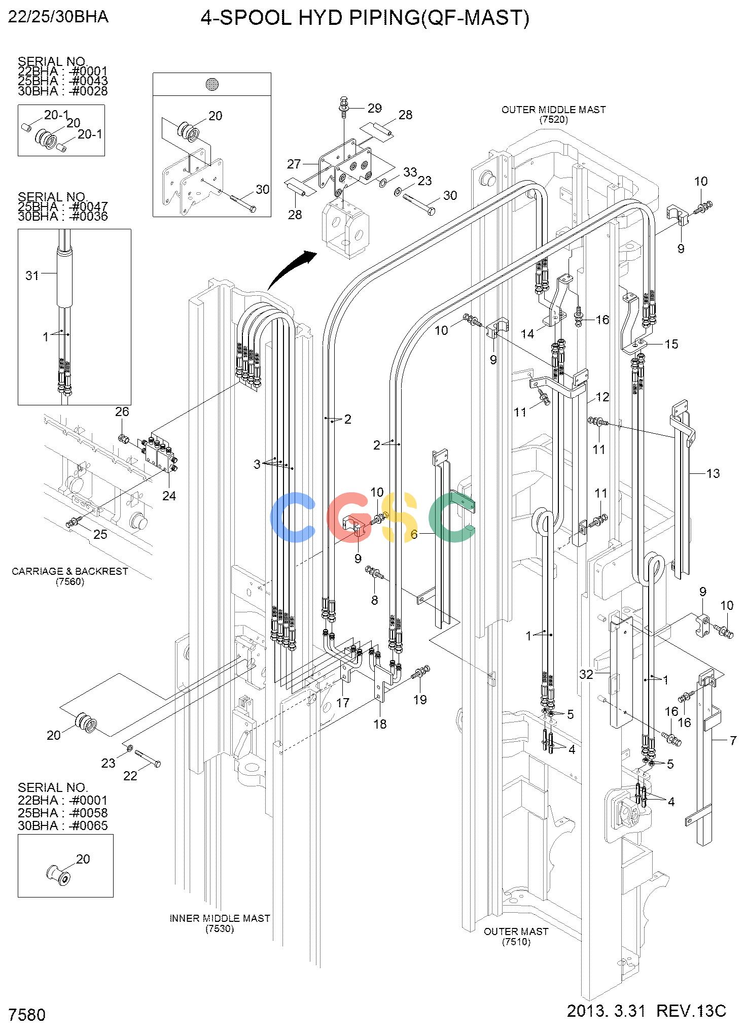 现代零件查询25/30/33L-7M 4-SPOOL HYD PIPING (QF-MAST)EPC Hyundai 