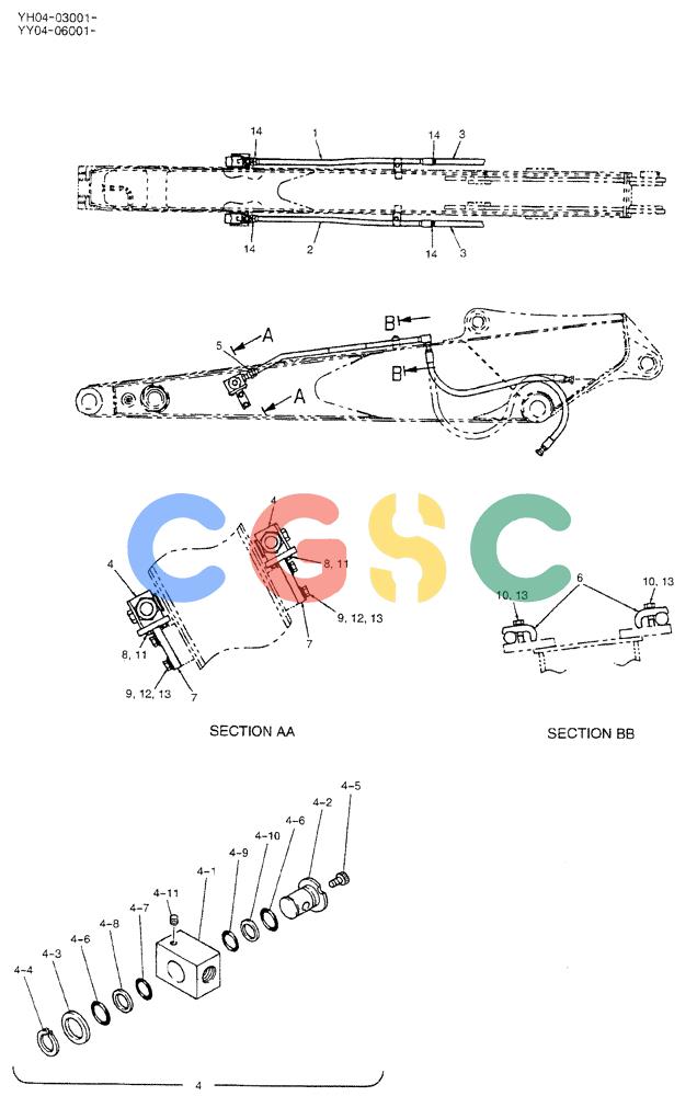 神钢零件查询(BREAKER) - ATTACHMENT (N&B) - SK115SR & SK135SR - ASN YV04, YY04, YH04-03001 (9/04-) (02-038) - HYD LINES, ARM 2.45M (NIBBLER & BREAKER) Kobelco