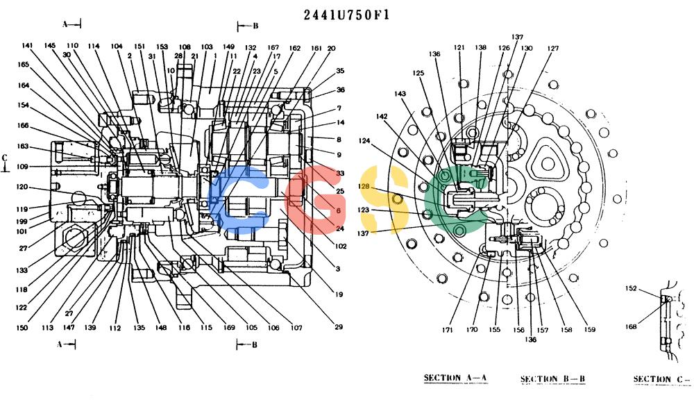 神钢零件查询(K904L) - MARK II EXCAVATOR ASN LX1526 (1/88-12/03) (11-058) - MOTOR ASSY, (PROPELLING), P/N 2441U750F1 Kobelco