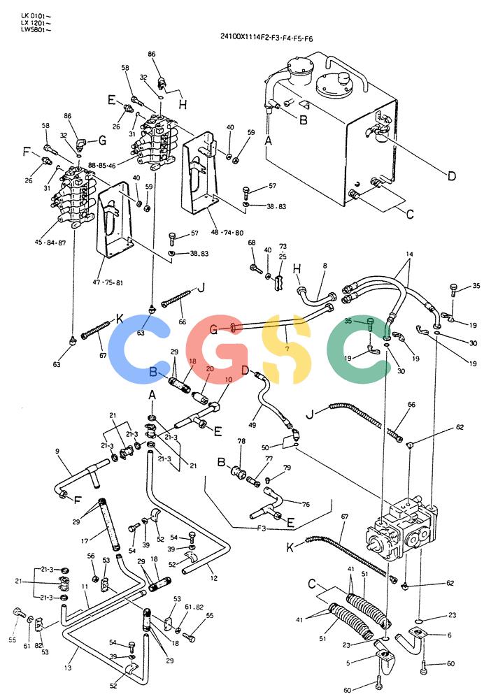 神钢零件查询(K904DL) - EXCAVATOR ASN LX1201 (1/84-12/03) (04-001) - HYDR LINES, UPP P/N 24100X1114F2,F3,F4,F5,F6 Kobelco