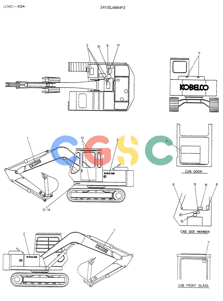 神钢零件查询(K903B) - EXCAVATOR ASN LE3401 (1/85-12/03) (12-011) - LABEL-NAME-PLATE P/N 24100J4864F2 Kobelco