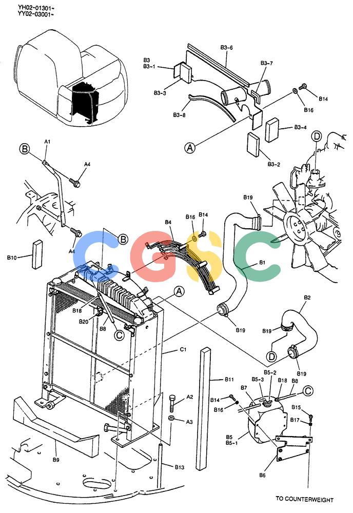 神钢零件查询(ED150) - BLADE RUNNER EXCAVATOR/DOZER BTW YL04-00501 - YL04-00554 (4/03-10/03) (01-005) - RADIATOR INSTAL Kobelco