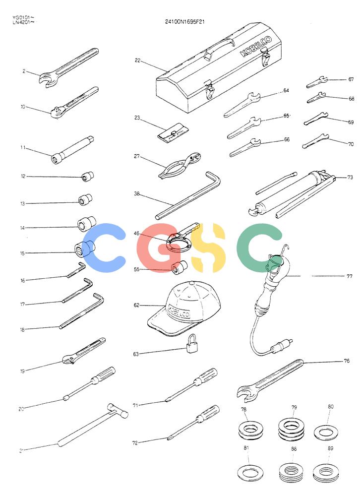 神钢零件查询(K907CLC) - EXCAVATOR BTW YG0101 - YG0500 (1/85-12/03) (15-023) - TOOL ASSY P/N 24100N1695F21 FOR EXPORT Kobelco