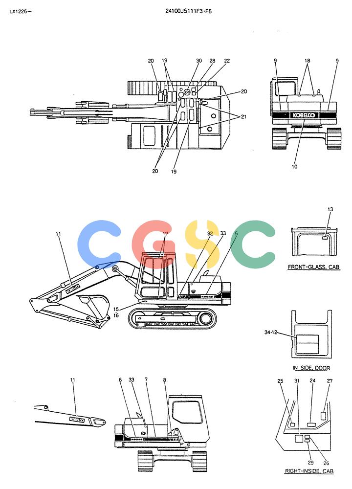 神钢零件查询(K904DL) - EXCAVATOR ASN LX1201 (1/84-12/03) (17-014) - LABEL, NAME PLATE (FOR LONG CRAWLER) P/N 24100J5111F3,F6 Kobelco