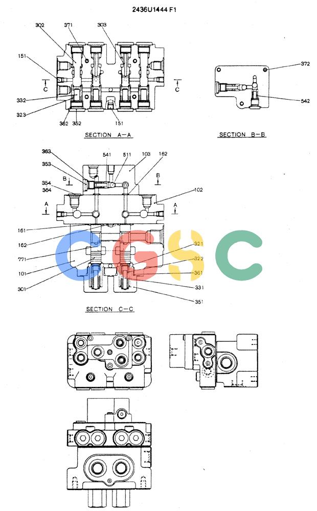 神钢零件查询(MD240C) - EXCAVATOR ASN LLU00601 (1/80-12/06) (16-005) - VALVE ASSY, BYPASS (INDEPENDENT TRAVEL) (2436U1444F1) Kobelco