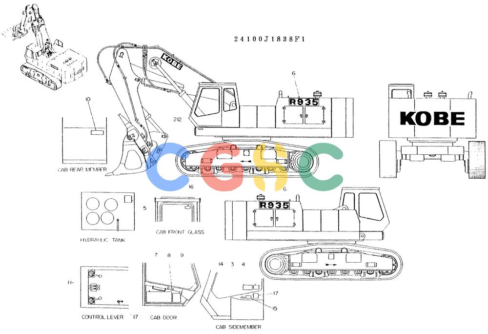 神钢零件查询(K935) - EXCAVATOR BTW L70106 - L70166, LU0067 (1/76-12/03) (07-006) - LABEL NAME-PLATE, P/N 24100J1838F1 Kobelco