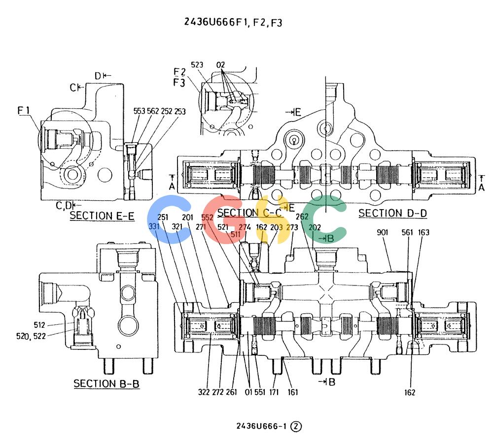神钢零件查询(K909A) - EXCAVATOR ASN LQ0795 (1/83-12/03) (01-006) - VALVE ASSY, CONTROL, P/N 2436U666F1, F2, F3 Kobelco