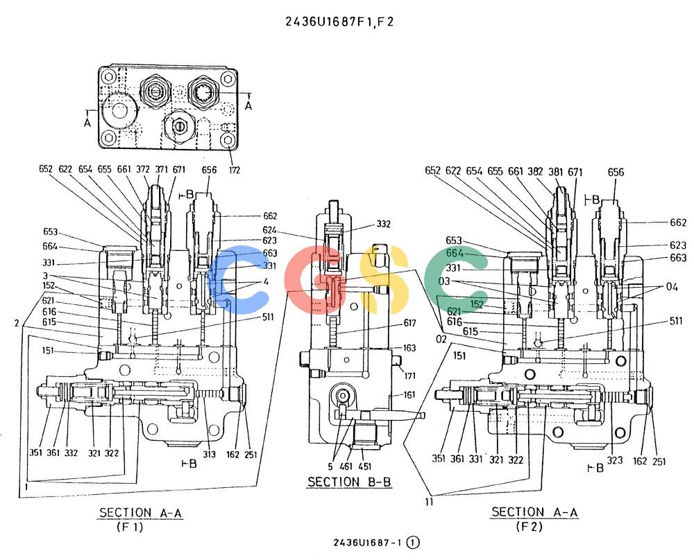 神钢零件查询(K909A) - EXCAVATOR ASN LQ0795 (1/83-12/03) (01-009) - VALVE ASSY CONTROL, P/N 2436U1687F1, F2 Kobelco