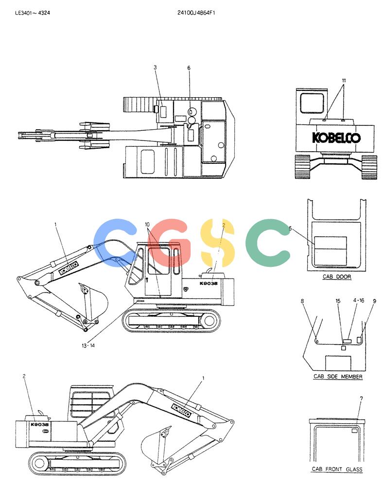神钢零件查询(K903B) - EXCAVATOR ASN LE3401 (1/85-12/03) (12-005) - LABEL, NAME-PLATE P/N 24100J4864F1 Kobelco