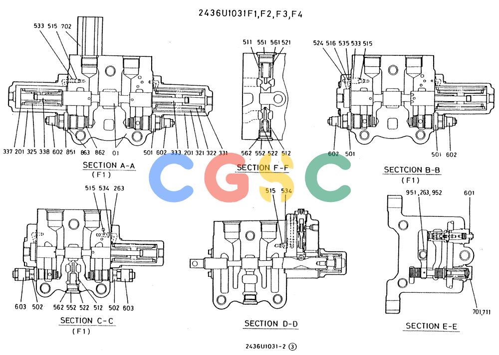 神钢零件查询(K909A) - EXCAVATOR ASN LQ0795 (1/83-12/03) (01-011[02]) - VALVE CONTROL, P/N 2436U1031 F1, F2, F3, F4, F5, F6 Kobelco