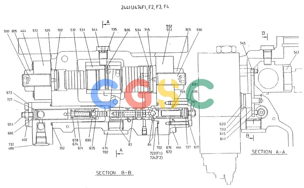 神钢零件查询(K909A) - EXCAVATOR ASN LQ0795 (1/83-12/03) (01-023[02]) - PUMP ASSY, HYDR, P/N 2441U474F1, F2, F3, F4 Kobelco