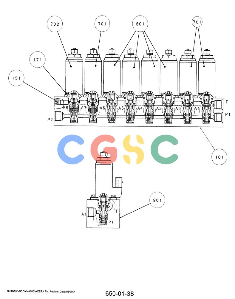 神钢零件查询(SK160LC-6E) - DYNAMIC ACERA EXCAVATOR 08/2004 ASN YM03U0523 (8/04-12/07) (07-016) - VALVE ASSY, SOLENOID, P/N YN35V00039F1 Kobelco