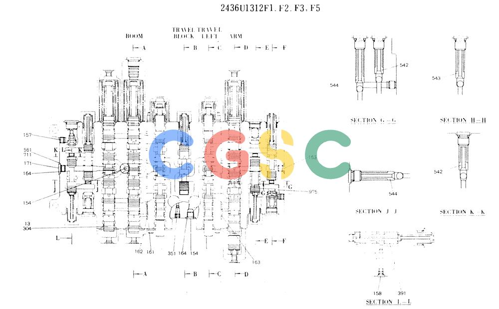 神钢零件查询(K907LC) - MARK II EXCAVATOR ASN YQ0565 (NA) (1/87-12/03) (11-038[01]) - VALVE ASSY,CONTROL, P/N 2436U1312F1,F3-F5 Kobelco