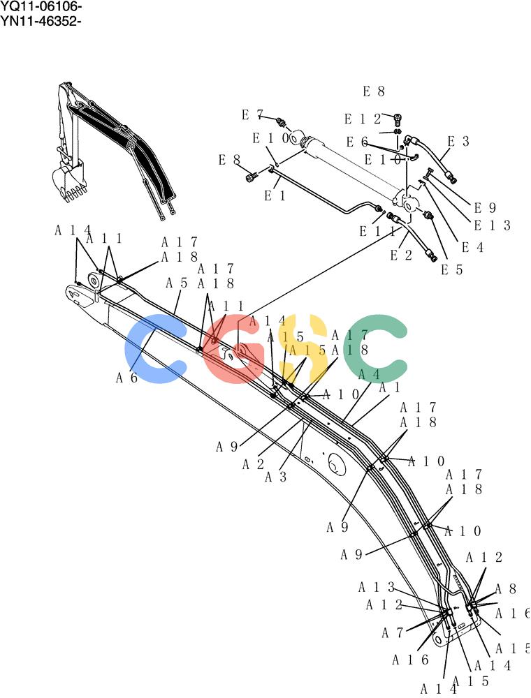 神钢零件查询(200-8) - EXCAVATOR S/N YN11-45001 - (1/06-12/09) (852-01A-1) - HYD LINES, BOOM 7.0M (23FT) (40FT LONG RANGE) Kobelco