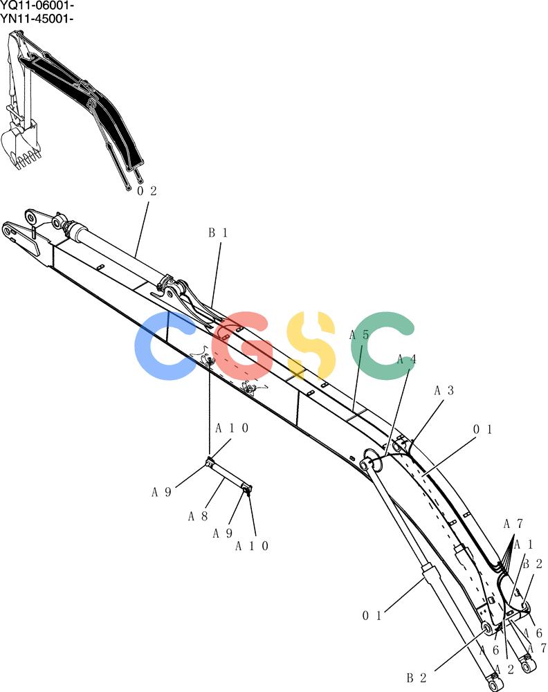 神钢零件查询(200-8) - EXCAVATOR S/N YN11-45001 - (1/06-12/09) (843-01-1) - BOOM GROUP, 8.75M (28FT 9IN) (50FT LONG RANGE) Kobelco