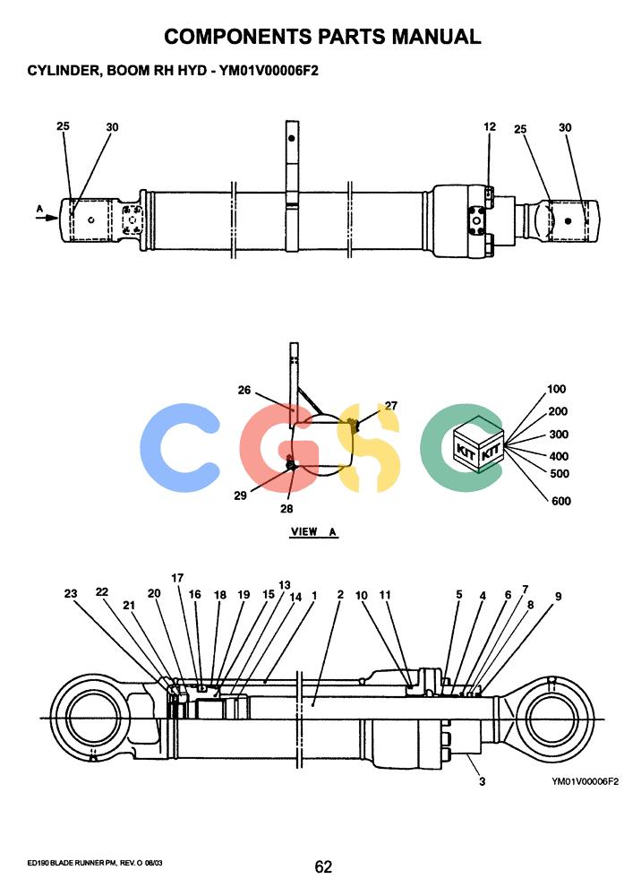 神钢零件查询(ED190LC-6E) - BLADE RUNNER EXCAVATOR/DOZER BTW YL03U0136 - YL03U0292 (1/05-12/06) (07-011) - CYLINDER BOOM RH HYD (YM01V00006F2) Kobelco