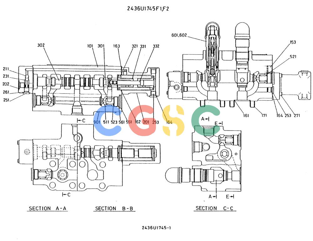 神钢零件查询(K909A) - EXCAVATOR ASN LQ0795 (1/83-12/03) (01-014) - VALVE ASSY, CONTROL, P/N 2436U1745 F1, F2 Kobelco