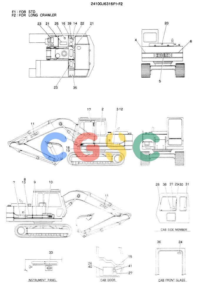神钢零件查询(K904EL) - EXCAVATOR ASN LX1401 (1/86-12/03) (10-003[02]) - LABEL, NAME-PLATE, P/N 24100J6316F1, F2 Kobelco
