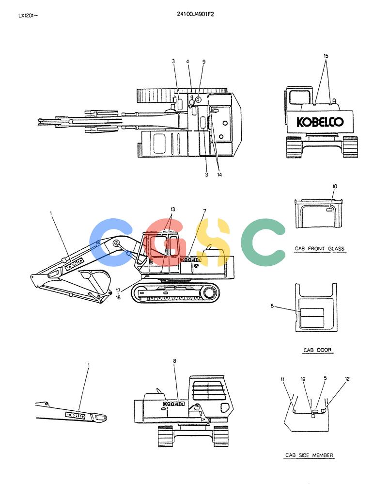 神钢零件查询(K904DL) - EXCAVATOR ASN LX1201 (1/84-12/03) (17-012) - LABEL, NAME PLATE (FOR LONG CRAWLER) P/N 24100J4901F2 Kobelco