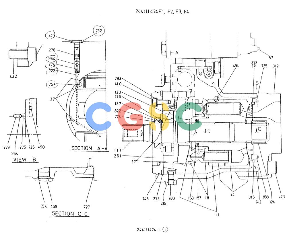 神钢零件查询(K909A) - EXCAVATOR ASN LQ0795 (1/83-12/03) (01-023[01]) - PUMP ASSY, HYDR, P/N 2441U474F1, F2, F3, F4 Kobelco