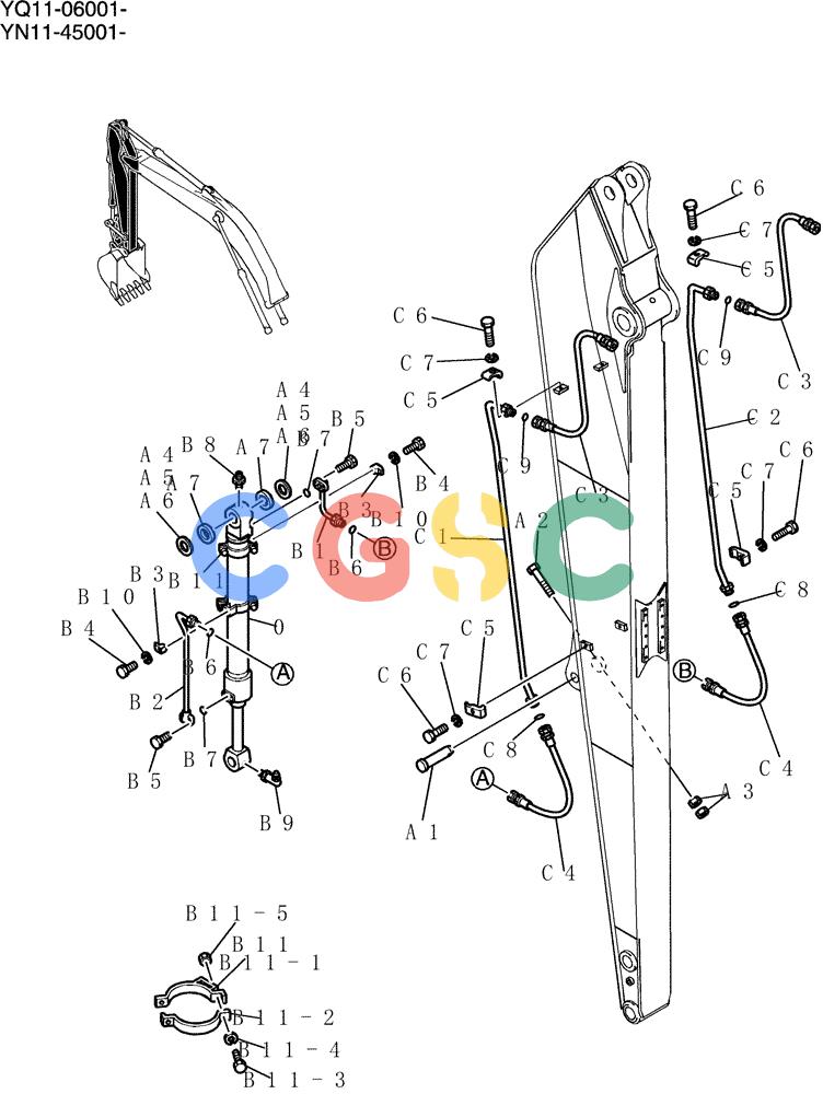 神钢零件查询(200-8) - EXCAVATOR S/N YN11-45001 - (1/06-12/09) (886-01-1) - HYD LINES, ARM 4.93M (16FT 2IN) (40FT LONG RANGE) Kobelco