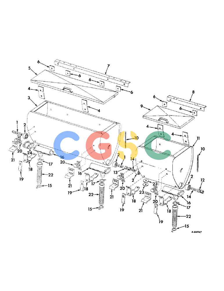 凯斯零件查询(DRY) - FERTILIZER UNITS (2-ROW & 6-ROW) - 1965 (1/65-12/88) (A-014) - DRY FERTILIZERS, METAL HOPPERS, HOSES AND SUPPORTS, FOR SIX ROW Case Agriculture