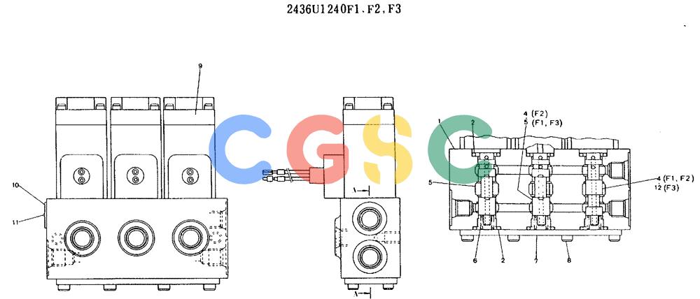 神钢零件查询(MD140BLC) - EXCAVATOR BTW YP1001 - YP1281 (1/80-12/06) (11-010) - VALVE ASSY, SOLENOID 2436U1240F1,F2,F3 Kobelco