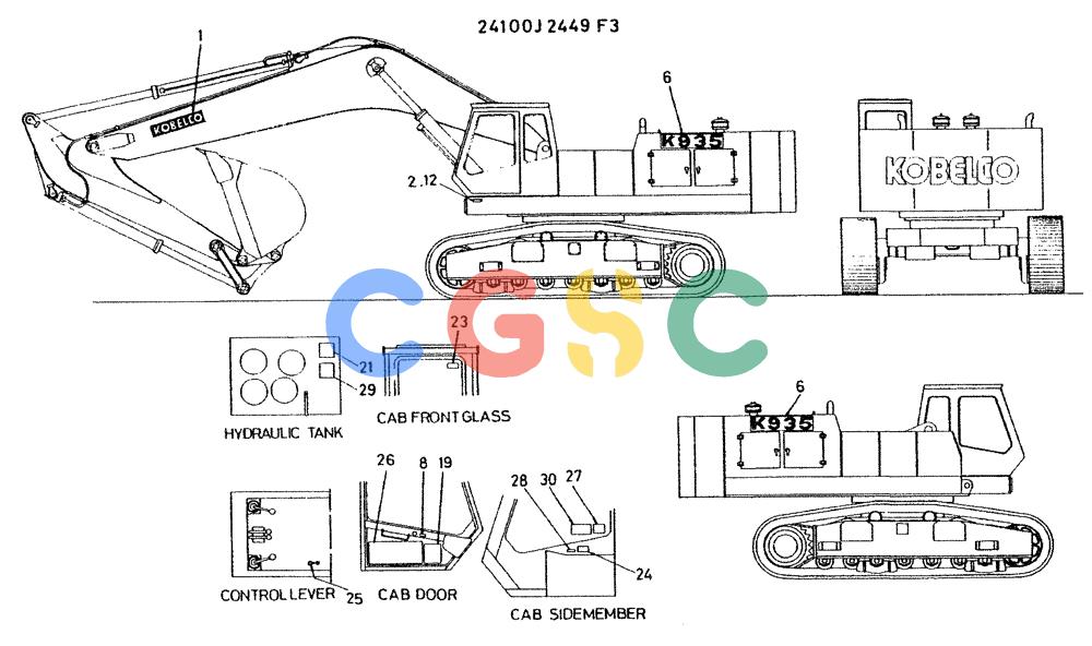 神钢零件查询(K935) - EXCAVATOR BTW L70106 - L70166, LU0067 (1/76-12/03) (11-023) - LABEL NAME-PLATE (G.M. ENG. MOUNT) Kobelco