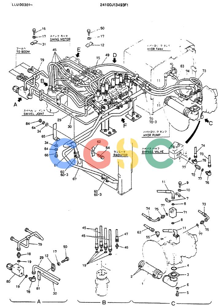 神钢零件查询(MD240C) - EXCAVATOR BTW LLU0301 - LLU0600 (1/80-12/06) (04-001[1]) - HYDR LINES, UPP - 24100J13493F1 Kobelco
