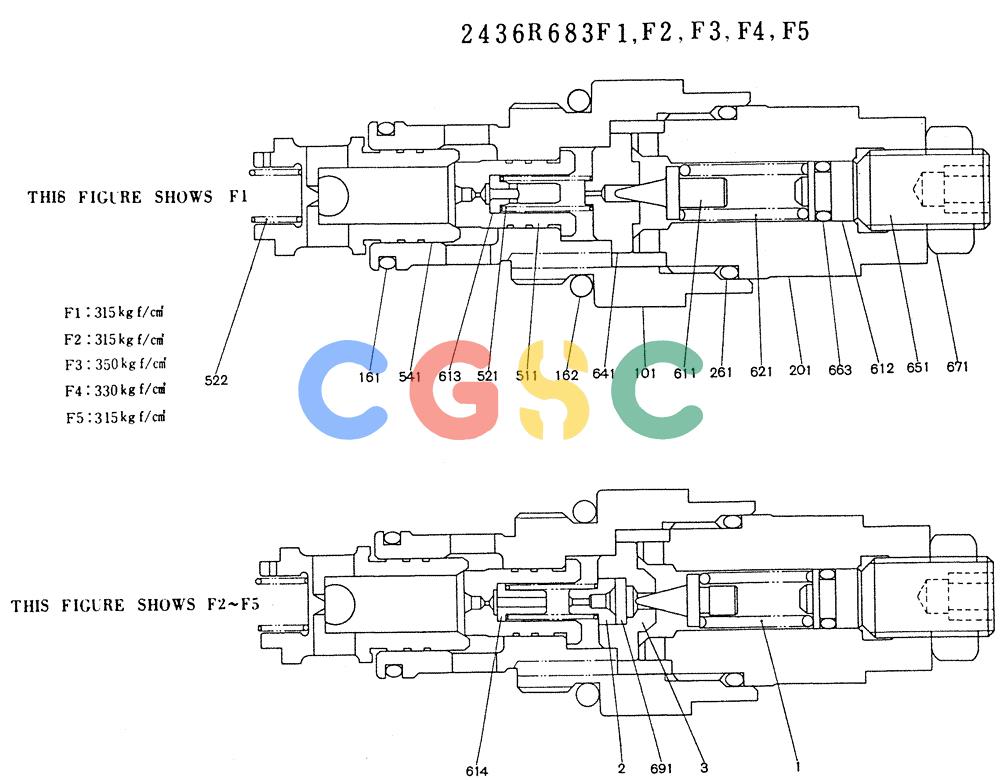神钢零件查询(K905LC) - MARK II EXCAVATOR BTW YP1001 - YP1281 (1/87-12/03) (11-004) - VALVE ASSY, RELIEF (P/N 2436R683F1-F5) Kobelco
