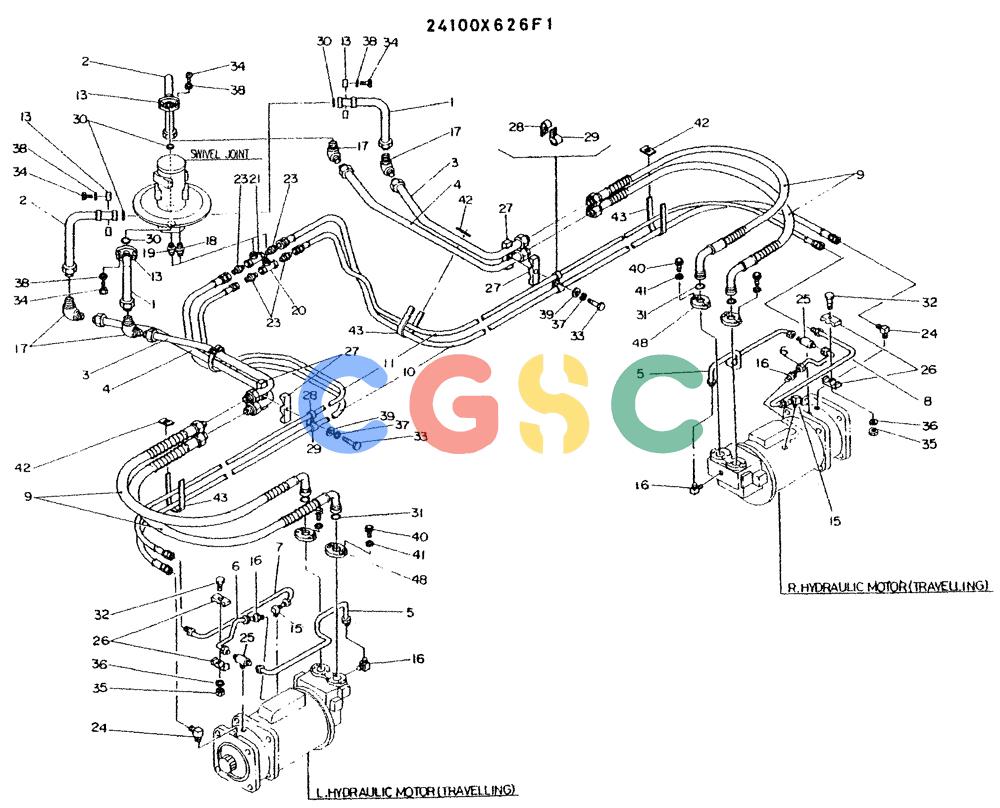 神钢零件查询(K935) - EXCAVATOR BTW L70106 - L70166, LU0067 (1/76-12/03) (08-024) - HYDR LINES, LOW, P/N 24100X626F1 Kobelco