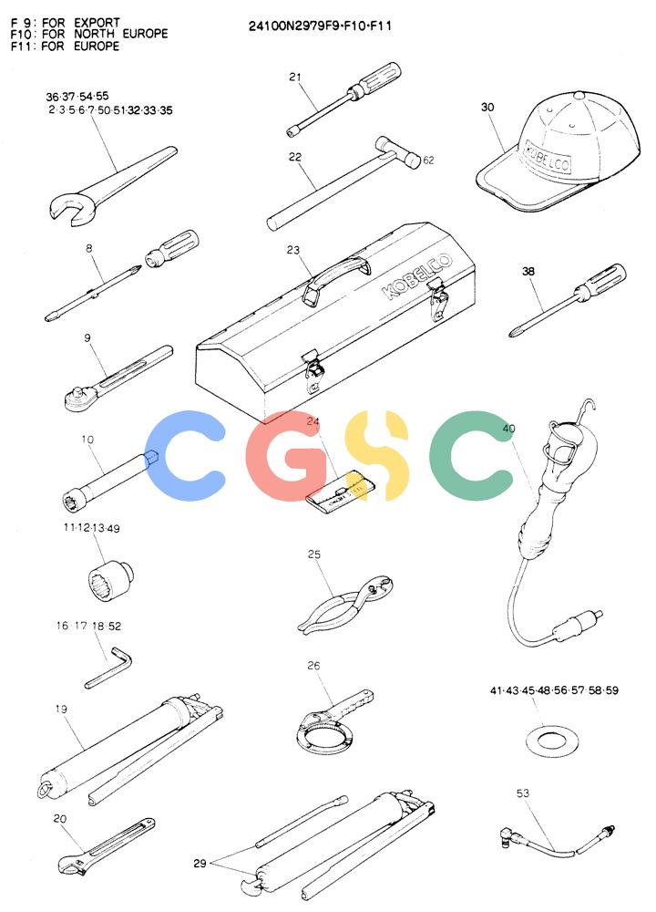 神钢零件查询(K904EL) - EXCAVATOR ASN LX1401 (1/86-12/03) (10-005) - TOOL ASSY, P/N 24100N2979F9, F10, F11 Kobelco