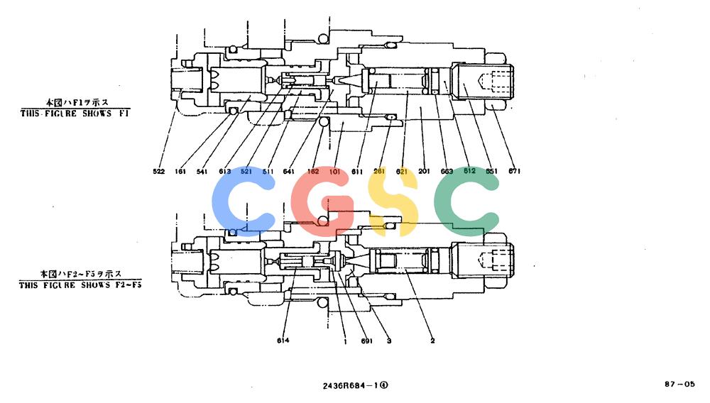 神钢零件查询(MD200BLC) - EXCAVATOR BTW YQ0101 - YQ0564 (1/80-12/06) (11-003) - VALVE ASSY, PORT RELIEF- 2436R684 F1,F2,F3,F4,F5 Kobelco