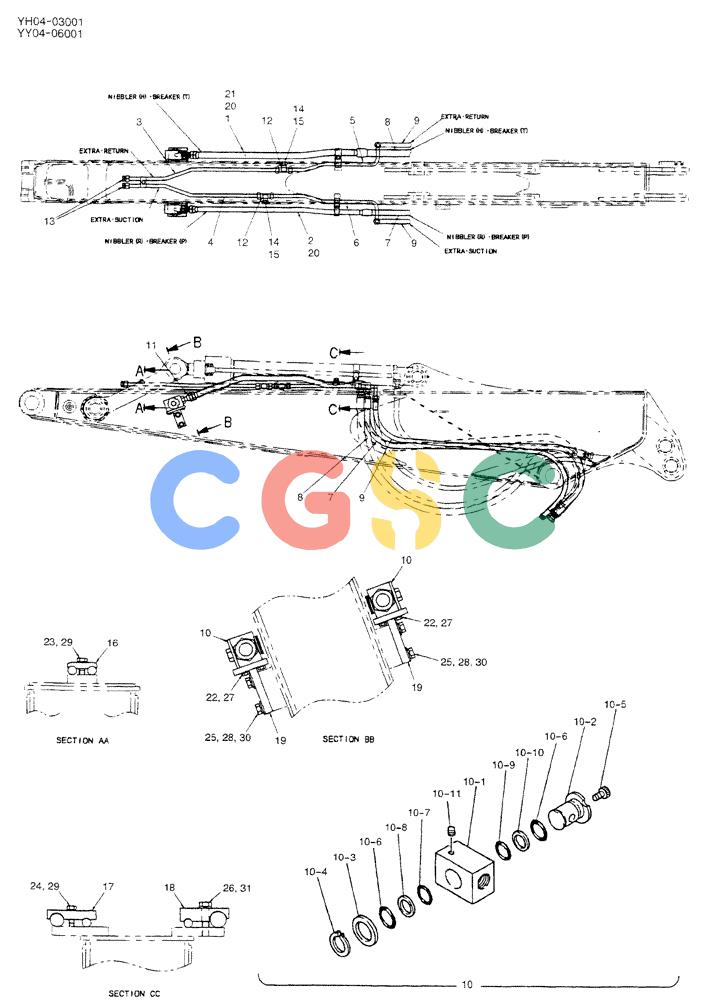 神钢零件查询(BREAKER) - ATTACHMENT (N&B) - SK115SR & SK135SR - ASN YV04, YY04, YH04-03001 (9/04-) (02-049) - HYD LINES, ARM 2.95M (EXTRA, NIBBLER & BREAKER) Kobelco