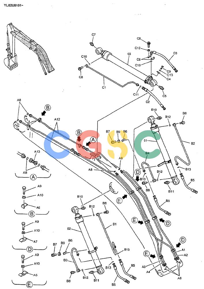 神钢零件查询(ED190LC) - BLADE RUNNER EXCAVATOR/DOZER BTW YL02U0101 - YL03U0135 (1/02-12/06) (03-003[01]) - HYD LINES BOOM (NIBBLER & BREAKER) 5.2M Kobelco