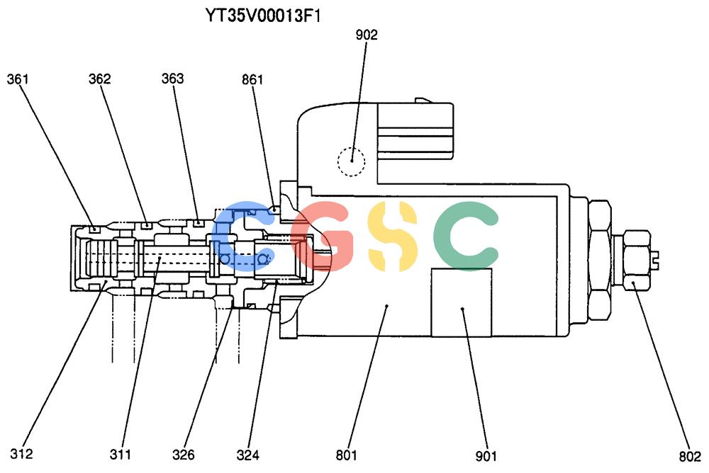 纽荷兰零件查询(E135SR) - CRAWLER EXCAVATOR ASN YY04-06254 (07-027) - VALVE ASSY, SOLENOID, P/N YT35V00013F1 New Holland Constructuion