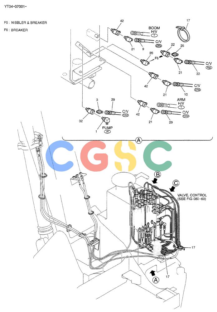 神钢零件查询(BREAKER) - NIBBLER/BREAKER ATTACHMENT - SK70SR-1E/SK70SR-1ES ASN YT04-07001 (9/04-) (01-035[01]) - CONTROL LINES, MAIN (BOOM & ARM SAFETY) Kobelco
