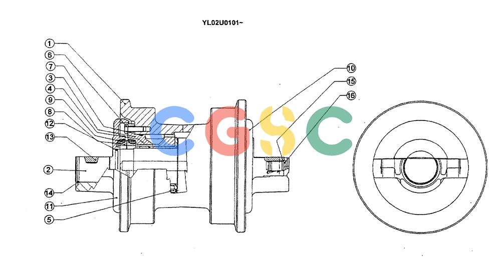 神钢零件查询(ED190LC) - BLADE RUNNER EXCAVATOR/DOZER BTW YL02U0101 - YL03U0135 (1/02-12/06) (02-006) - ROLLER ASSY, LOWER (SINGLE FLANGE) Kobelco