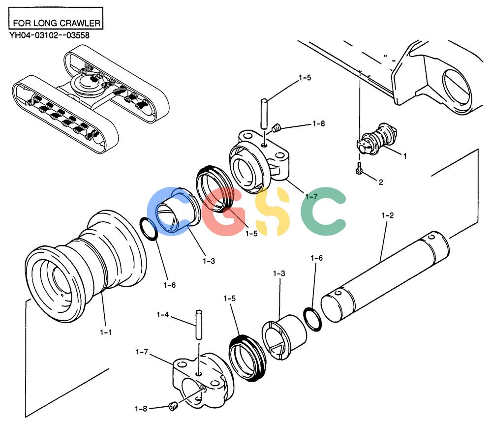 纽荷兰零件查询(E135SR) - CRAWLER EXCAVATOR ASN YY04-06254 (02-014) - TRACK ROLLER ASSY (FOR HD) (FOR LONG CRAWLER), P/N YY64D00013F1 New Holland Constructuion