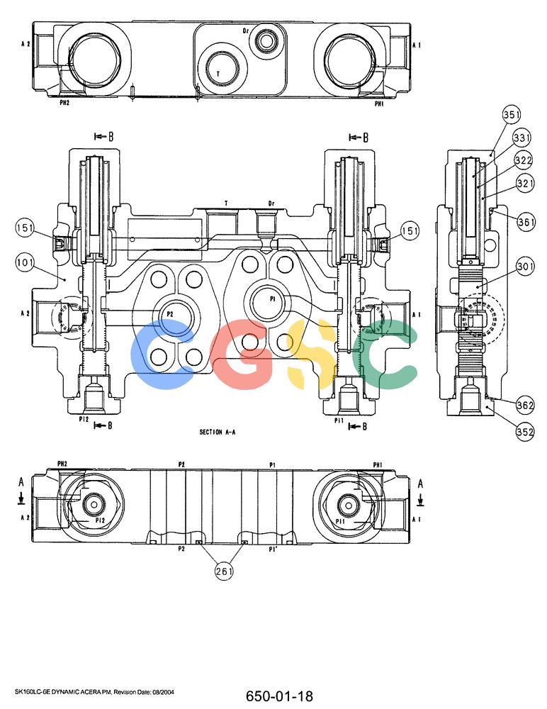 神钢零件查询(SK160LC-6E) - DYNAMIC ACERA EXCAVATOR 08/2004 ASN YM03U0523 (8/04-12/07) (07-006) - VALVE DELIVERY CONTROL, (YY30V00039F1) Kobelco
