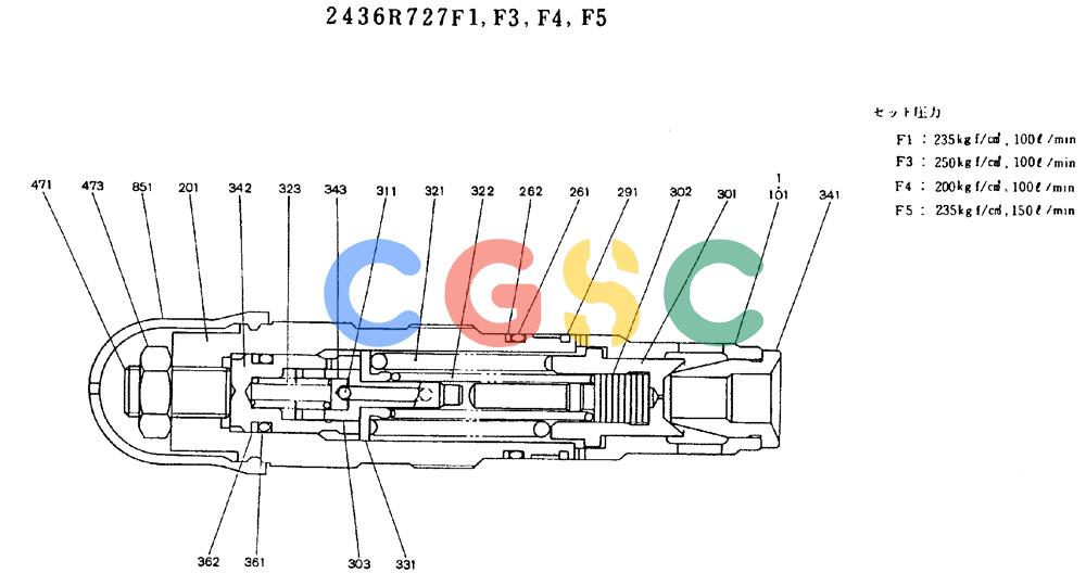 神钢零件查询(MD200BLC) - EXCAVATOR ASN YQU0001 (1/80-12/06) (11-004) - VALVE ASSY, RELIEF - 2436R727F1, F3, F4, F5 Kobelco