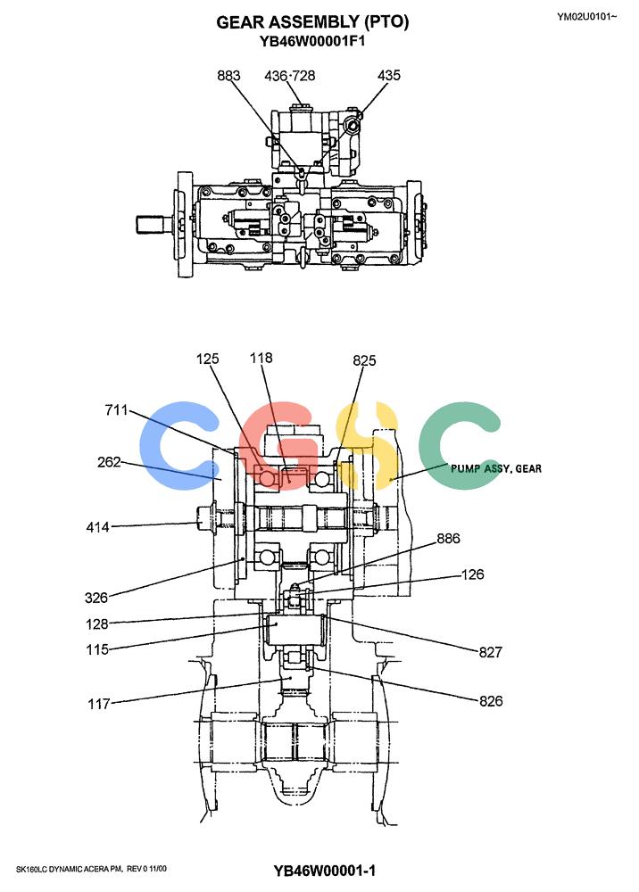 神钢零件查询(SK160LC) - DYNAMIC ACERA EXCAVATOR 11/2000 ASN YM02U0101 (11/00-12/02) (08-009) - GEAR ASSY (PTO) P/N YB46W00001F1 Kobelco