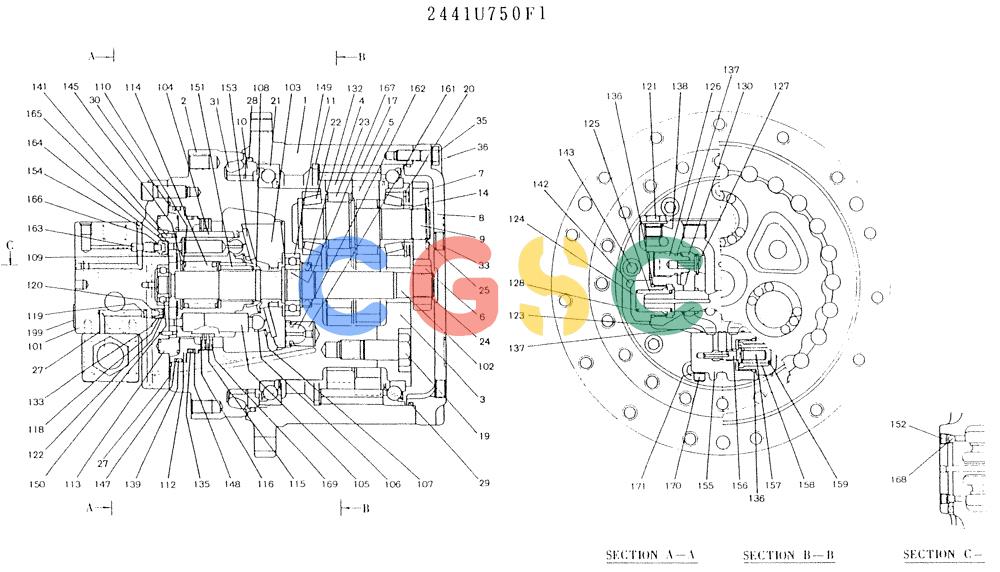 神钢零件查询(K904L) - MARK II EXCAVATOR BTW LX1501 - LX1525 (1/88-12/03) (11-022) - MOTOR ASSY, (PROPELLING) P/N 2441U750F1 Kobelco